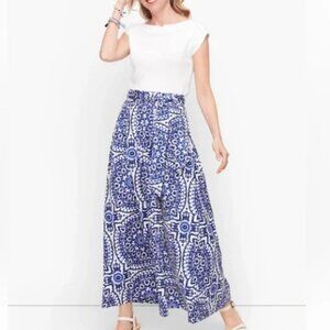 Talbots Tie Belt Floral Print Maxi Skirt in Blue and White